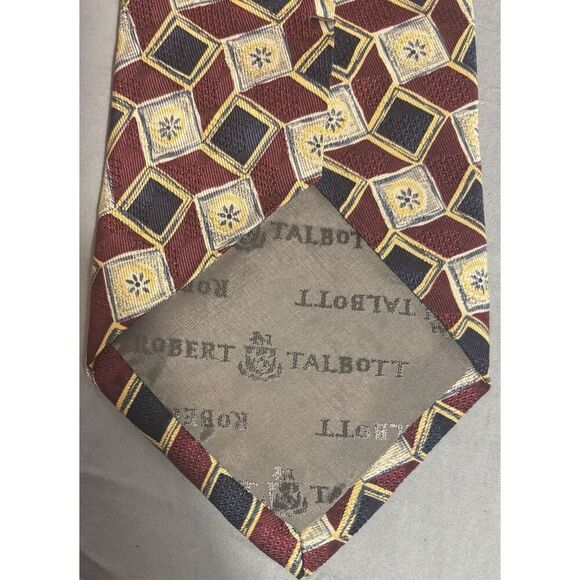 ROBERT TALBOTT Geometric Silk Tie Hand Sewn Red Yellow USA Made - Picture 7 of 9